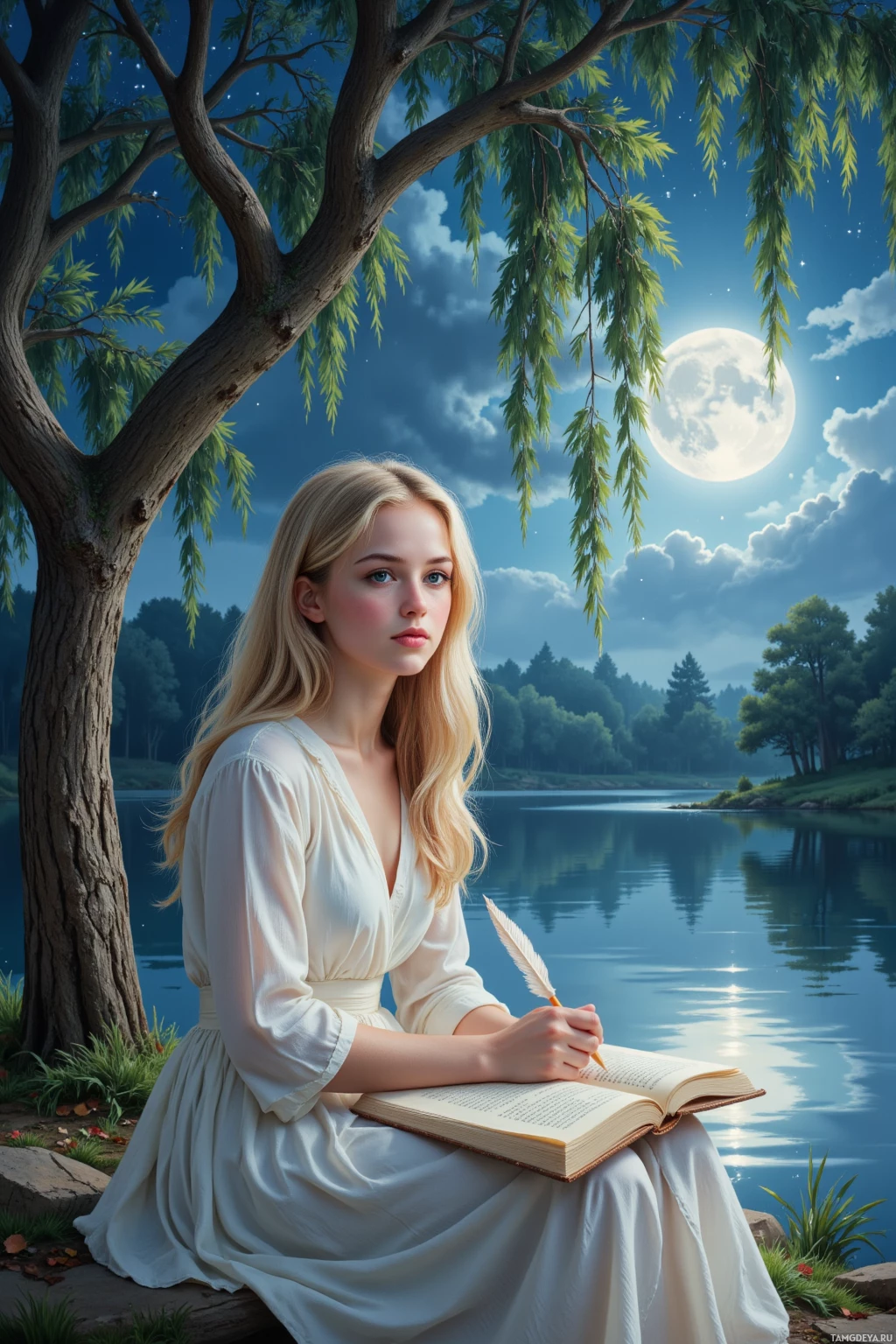 A person in a white dress sits by a serene lake under a night sky, holding a quill and writing in a book.