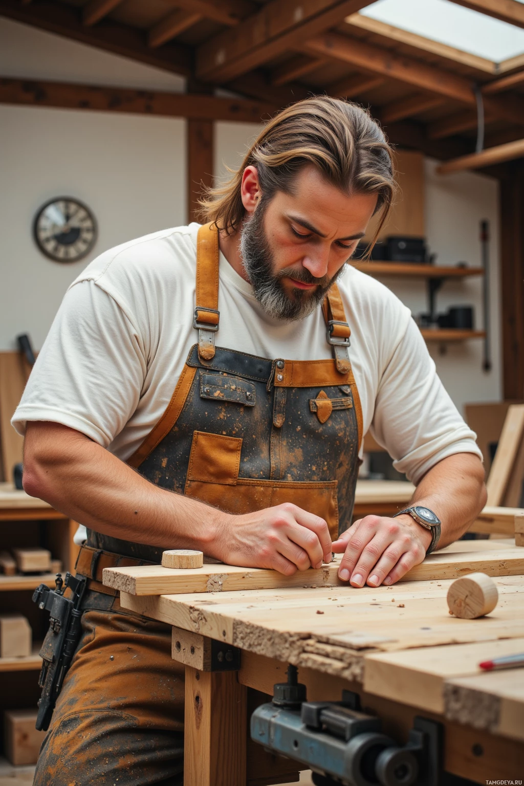 A man wearing an apron works on wood in a workshop setting.