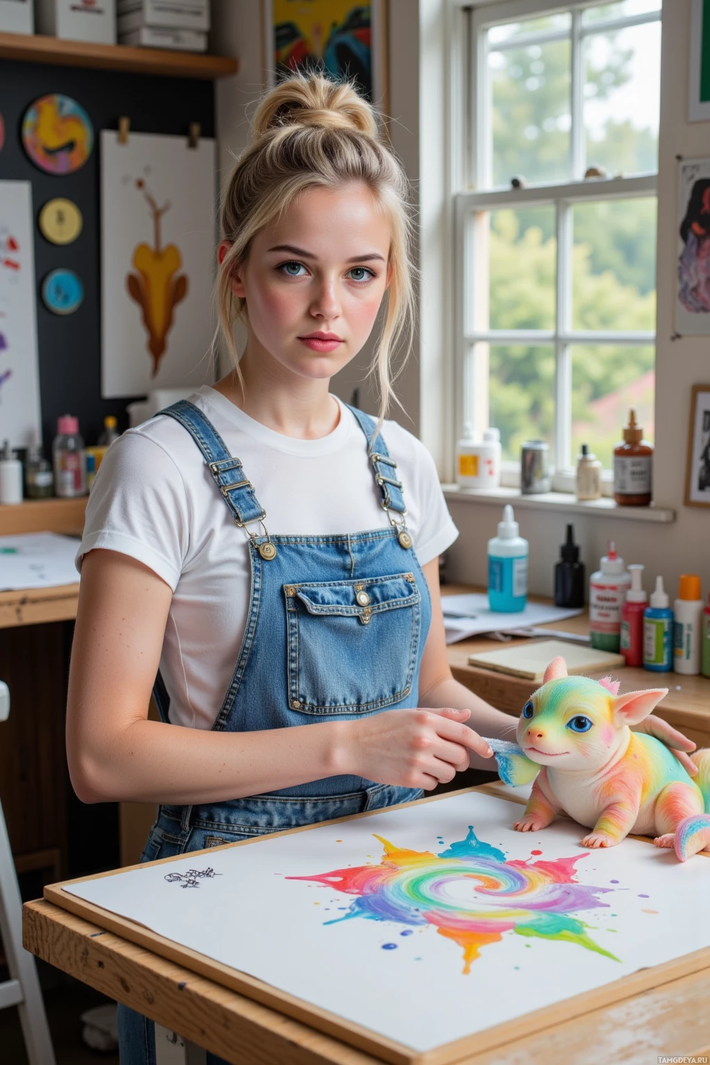 A person in a studio setting with a colorful painting and a toy.