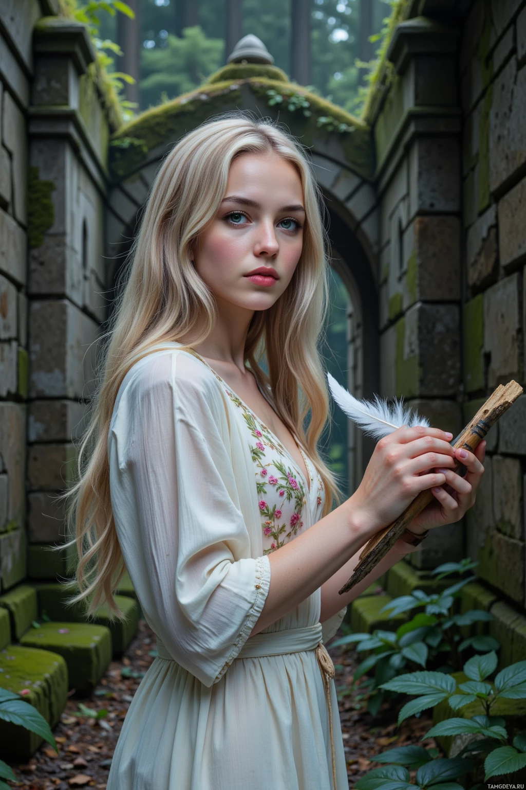 A person in a floral dress holds a quill pen, standing in a moss-covered stone archway.