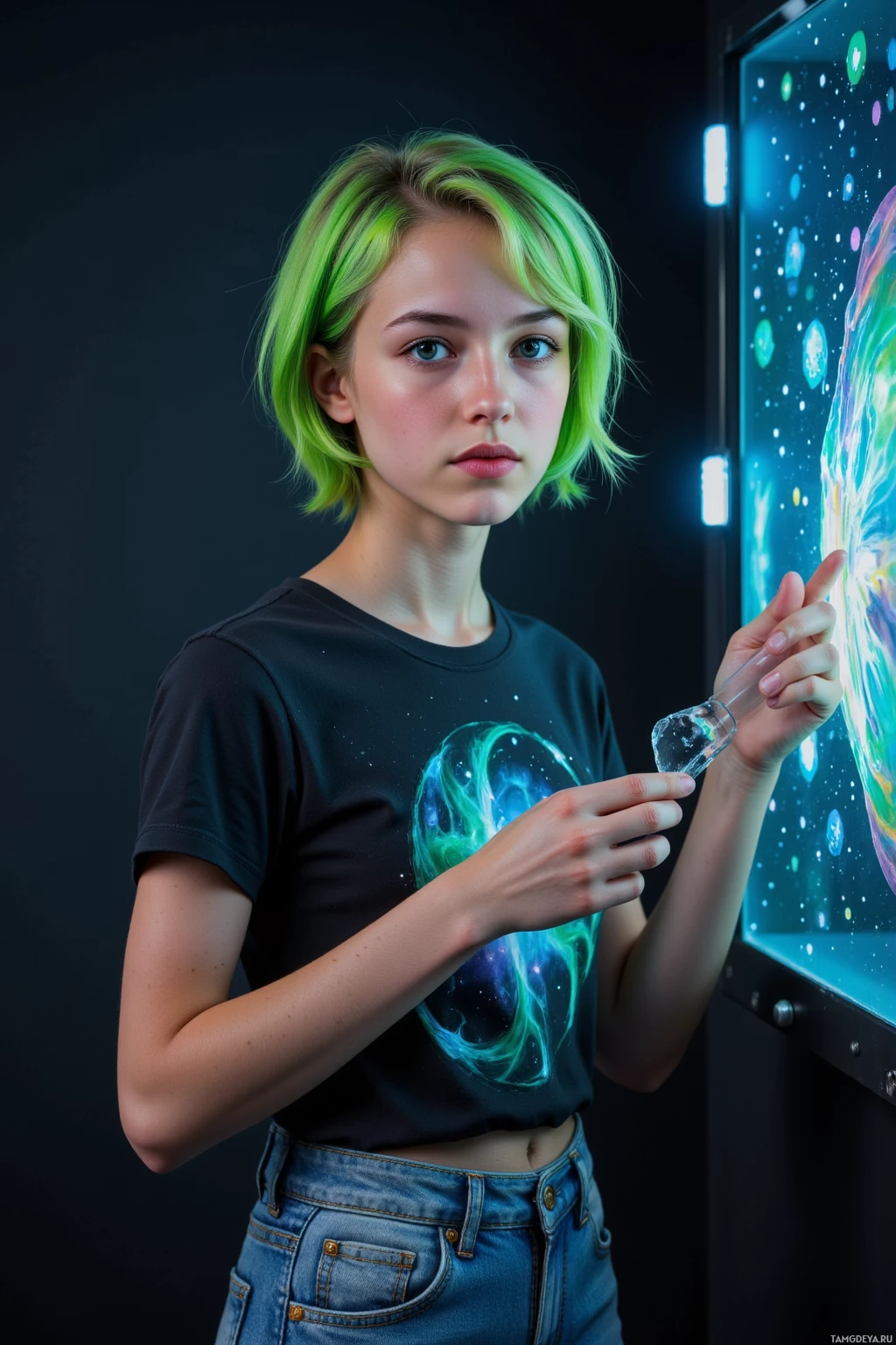 A person with green hair and a black t-shirt featuring an abstract design stands in front of a colorful display, holding a small object.