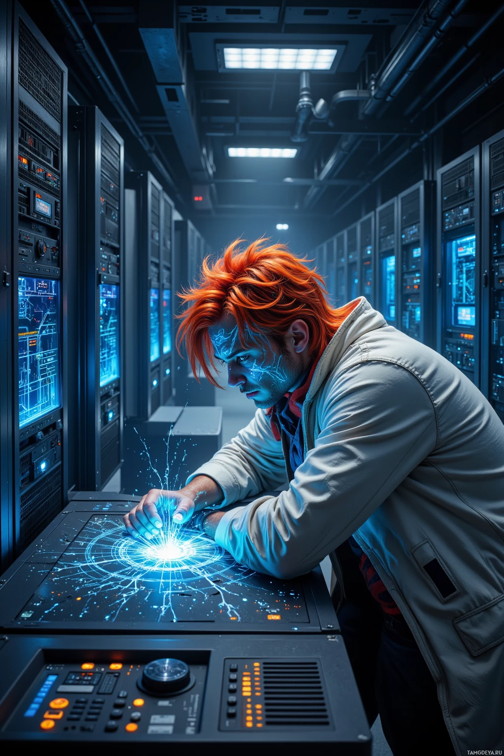 A person with vibrant red hair leans over a futuristic console in a server room, interacting with glowing blue energy.