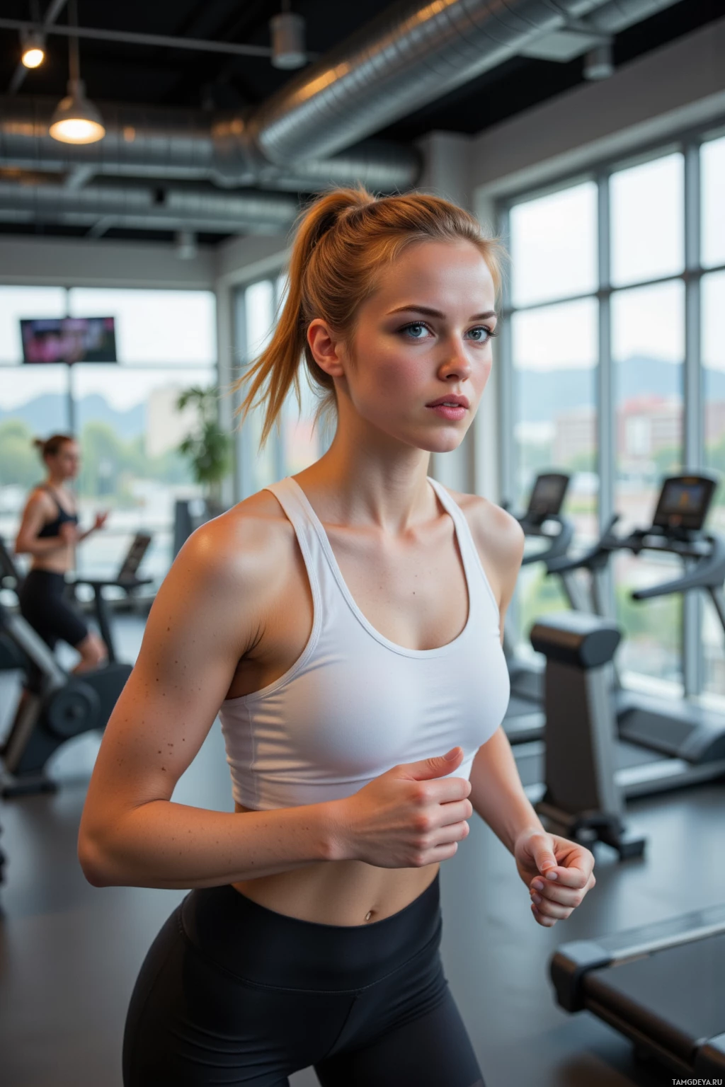 A woman is running on a treadmill in a gym.