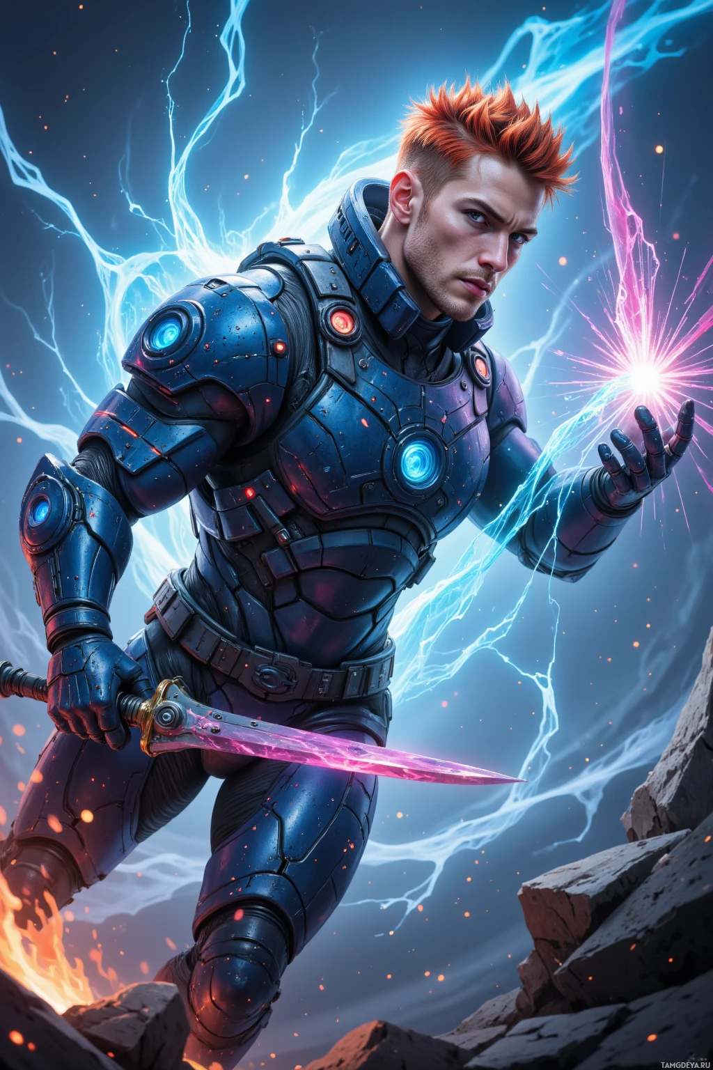 A character in futuristic armor wields a glowing sword amidst a dynamic, electric backdrop.