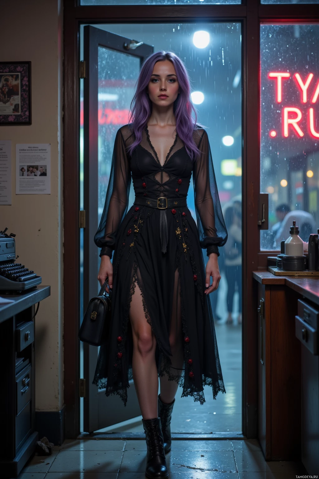 A woman with purple hair stands in an alleyway at night, wearing a black dress and holding a small bag.
