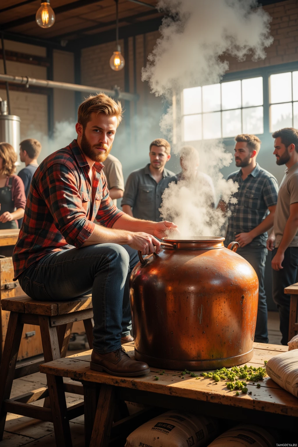 A man in a plaid shirt sits on a stool beside a steaming copper pot in what appears to be a brewery setting with other individuals nearby.