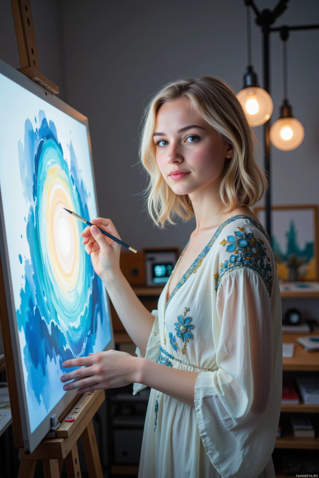 A person in an embroidered dress is painting on an easel with a brush.