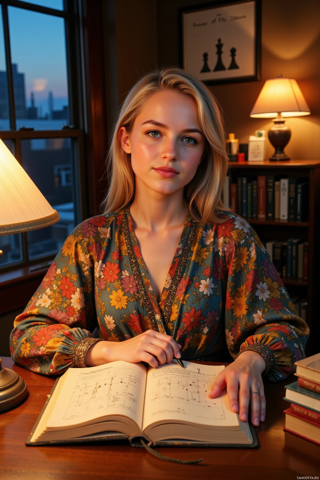 A person wearing a floral blouse sits at a desk with a book and pen, surrounded by books and a lamp.
