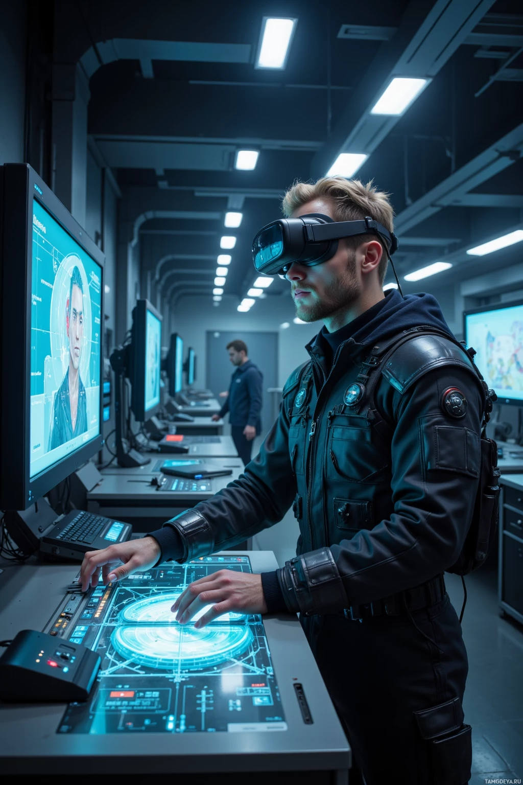 A person wearing a VR headset and a tactical vest interacts with a futuristic control panel in a high-tech environment.