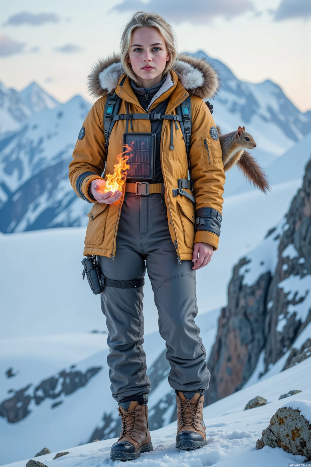 A person in a winter outfit stands on a snowy mountain, holding a glowing object and with a squirrel perched on their shoulder.