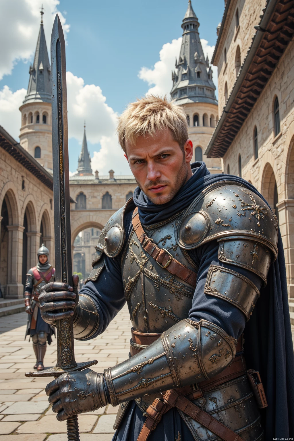 A knight in armor holds a sword in front of a castle backdrop.