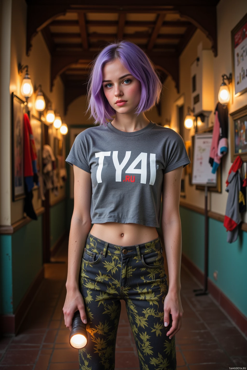 A person with purple hair stands in an indoor hallway holding a flashlight and wearing a cropped T-shirt with "TY4I.ru" printed on it.