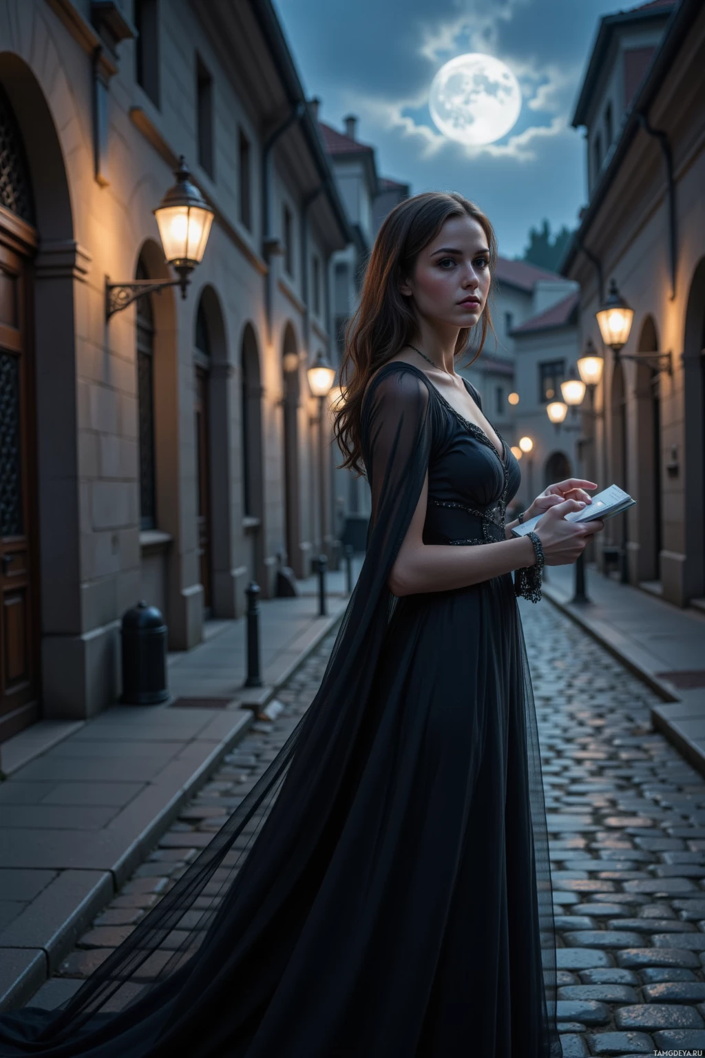 A woman in a black dress stands on a cobblestone street under a full moon.