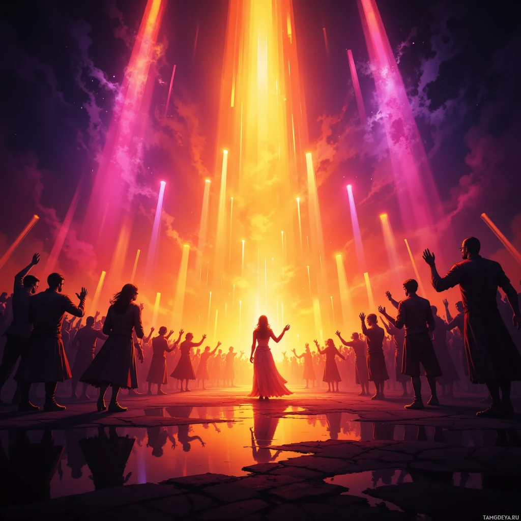 A group of people stands in a circle under beams of light in a vibrant, colorful sky.