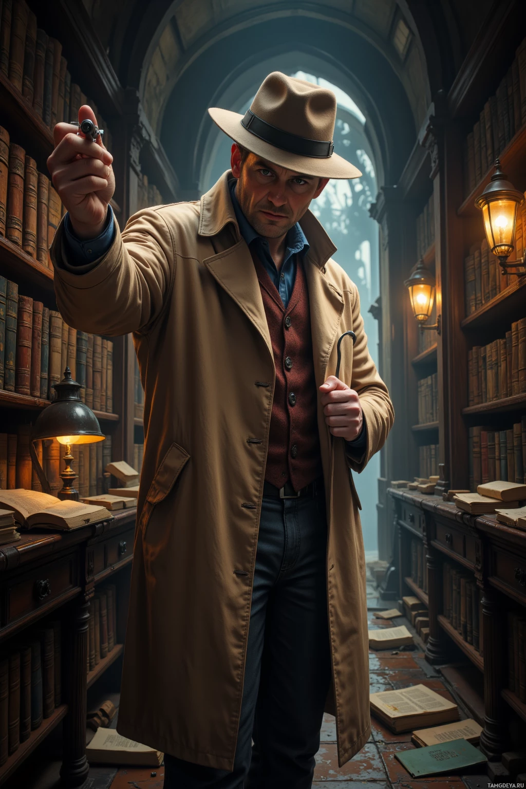 A man in a trench coat and fedora stands in an old library holding a magnifying glass.
