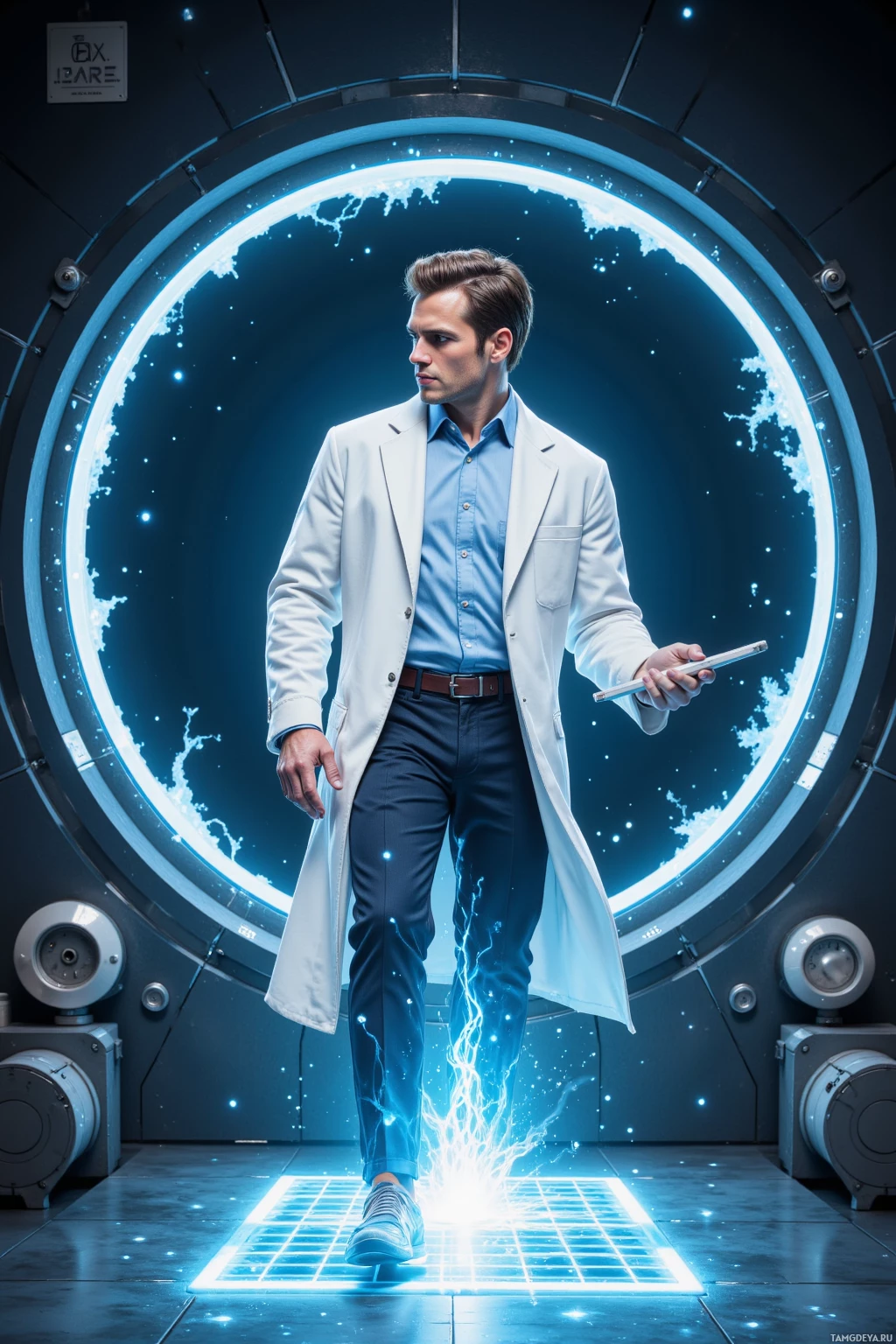 A man in a lab coat stands on glowing technology with lightning effects around him.
