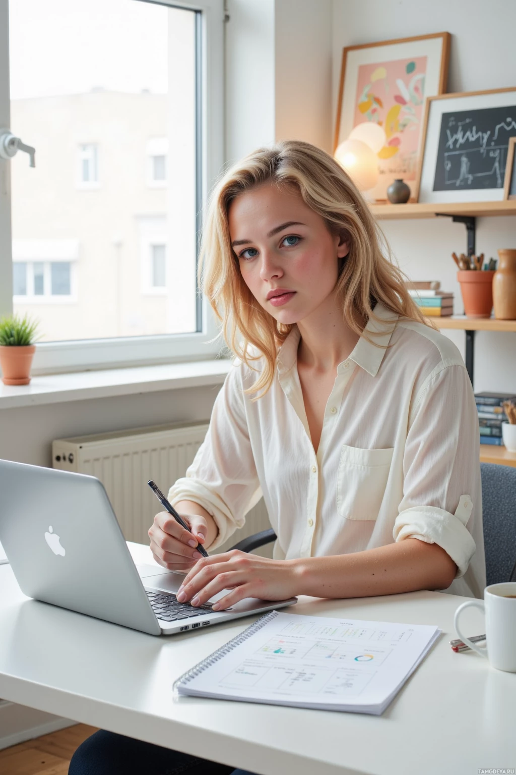 A person is sitting at a desk working on a laptop with a notebook and pen nearby.