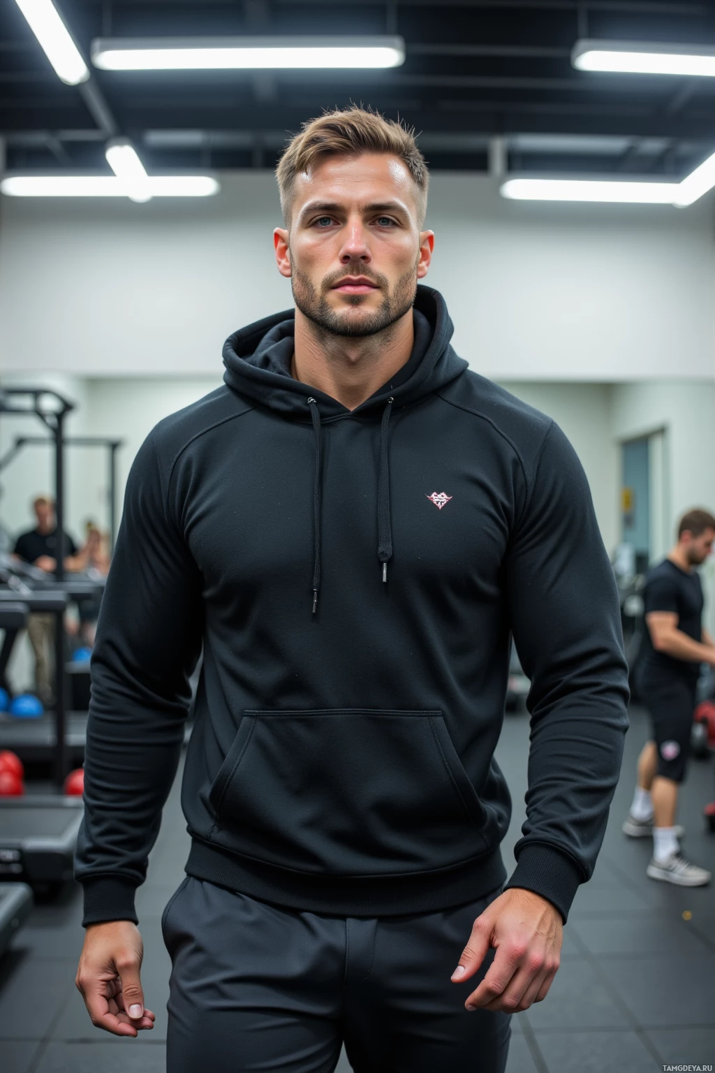 A person wearing a black hoodie and matching pants stands in a gym setting.