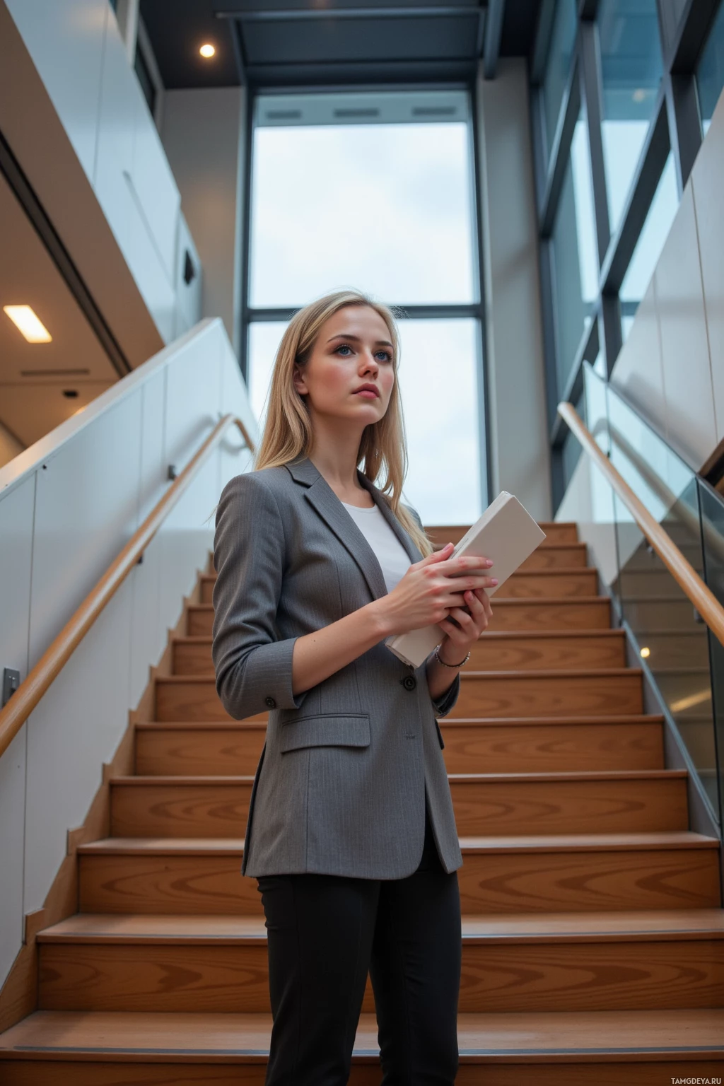 A woman in a business suit stands on a staircase holding a book.