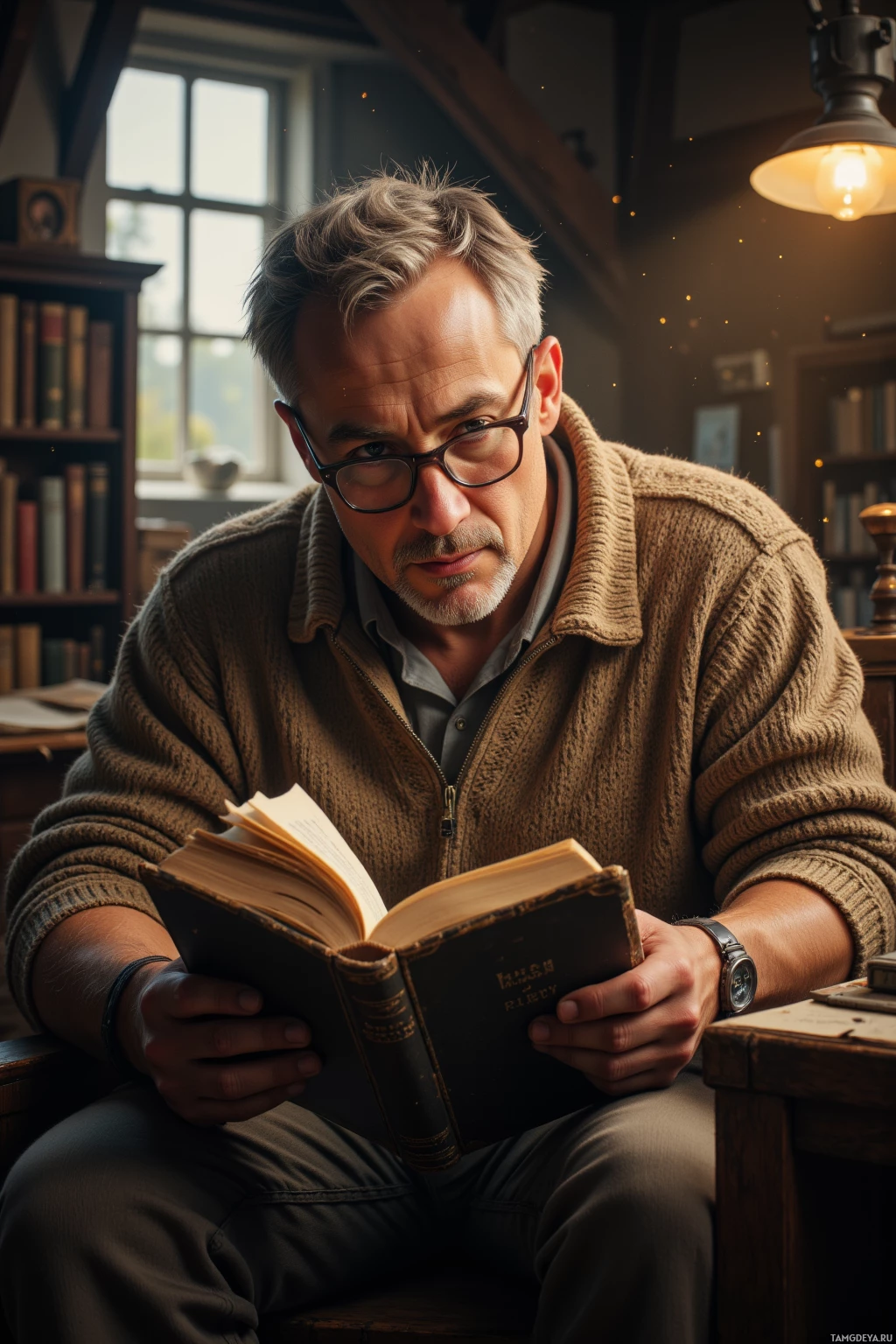 A man wearing glasses and a sweater is reading a book in a cozy room.