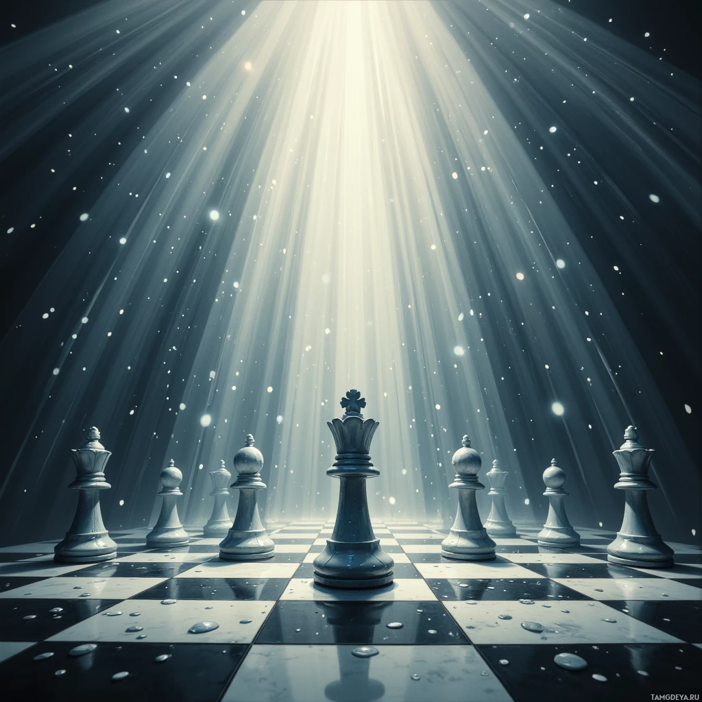 A chessboard with pieces arranged in a line under beams of light and falling snowflakes.