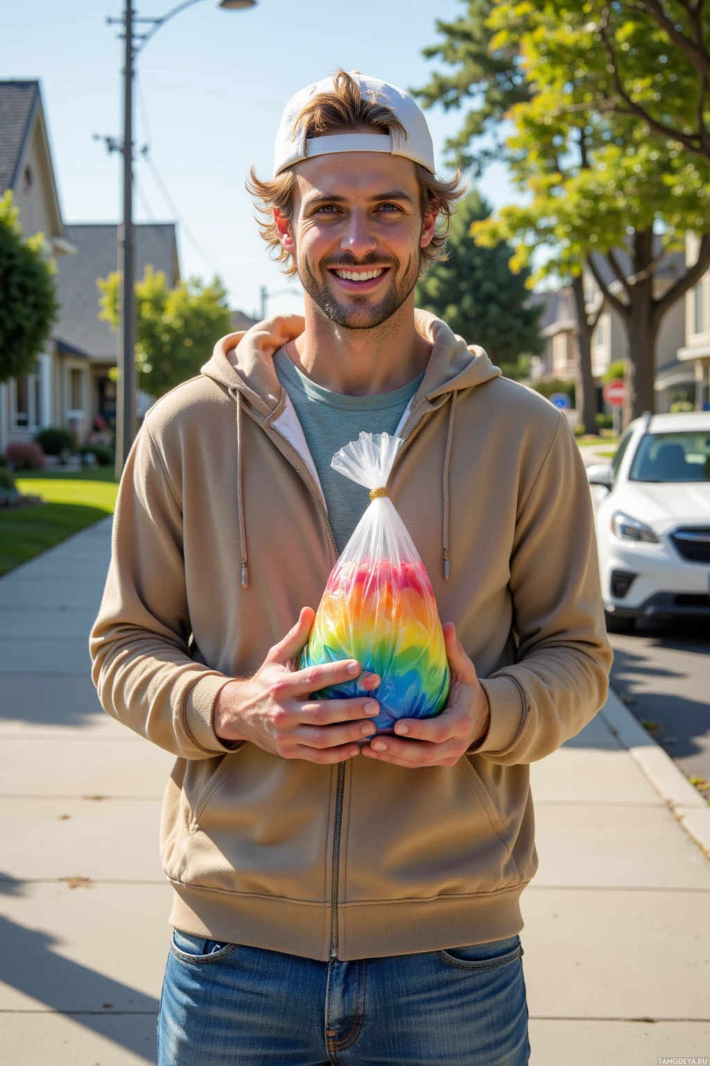 A person stands outdoors holding a colorful, wrapped object.