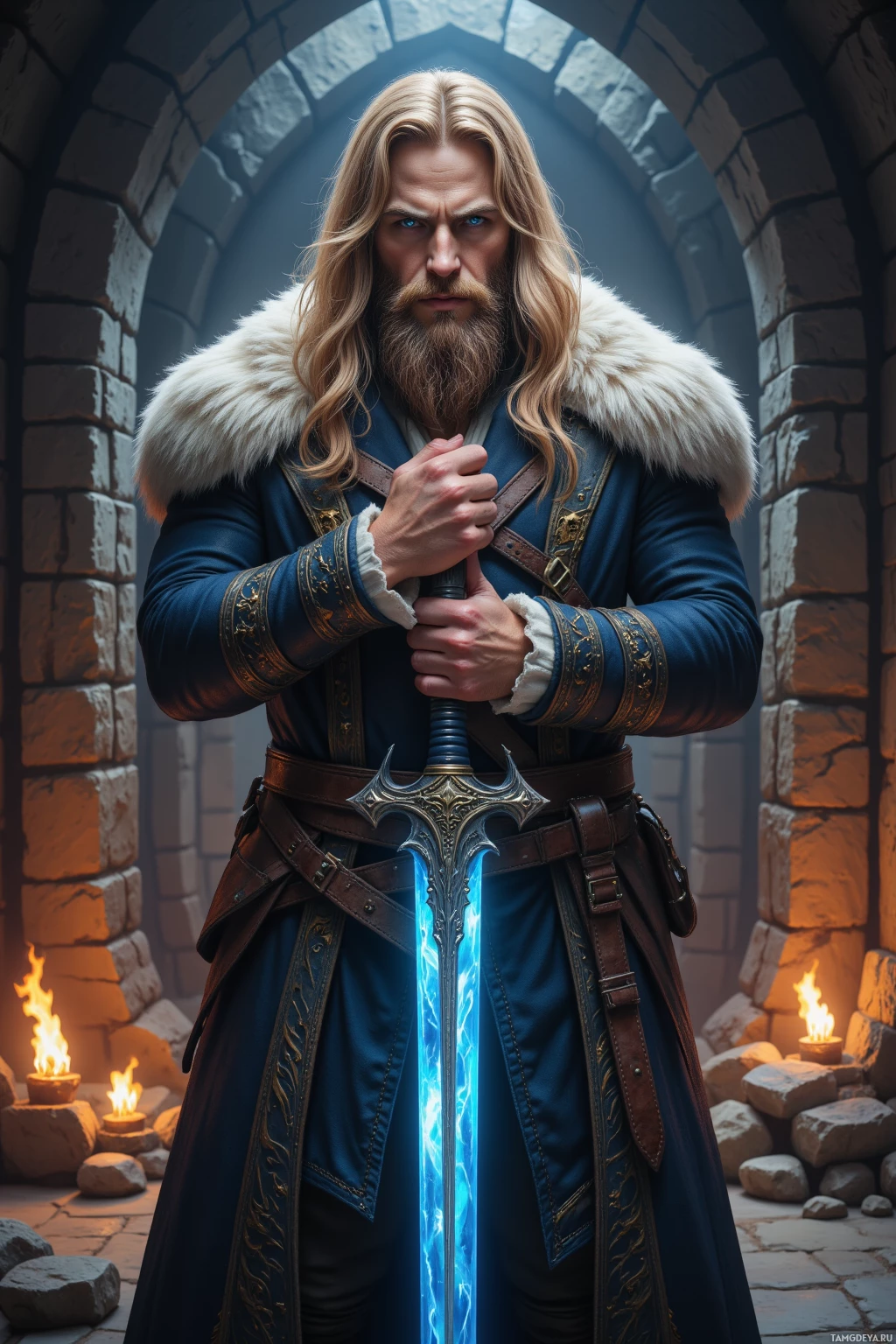 A warrior in ornate armor holds a glowing sword in a stone archway.