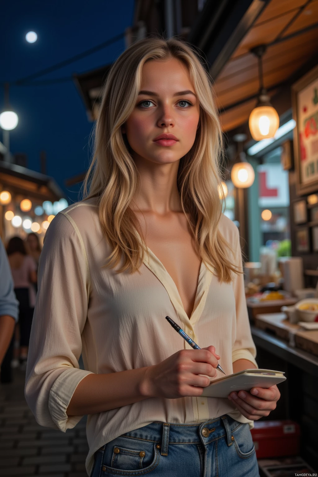 A person with long blonde hair wearing a beige blouse and blue jeans is holding a pen and notebook in an outdoor setting at night.