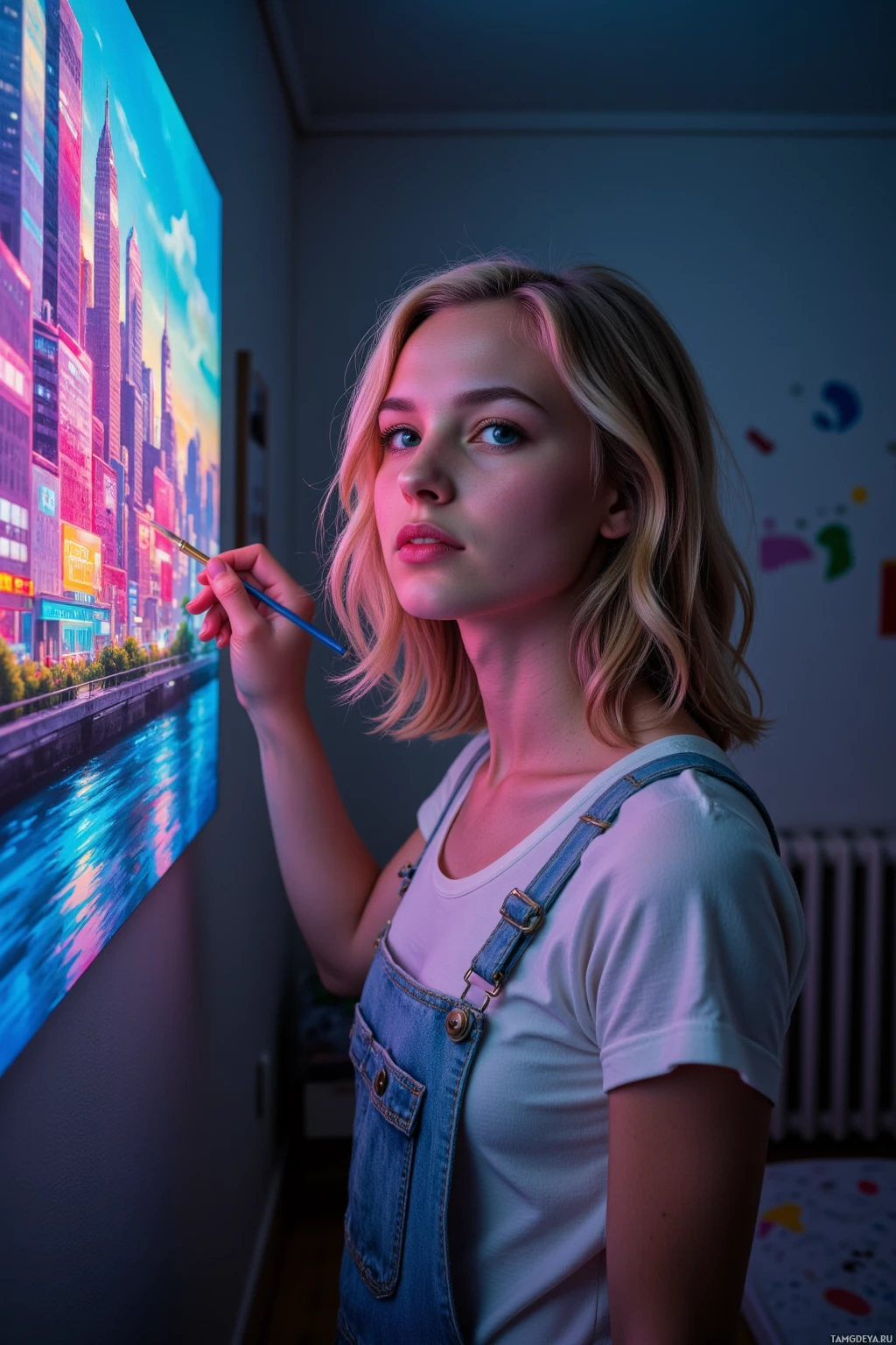 A person wearing overalls is painting a cityscape on canvas in an art studio.