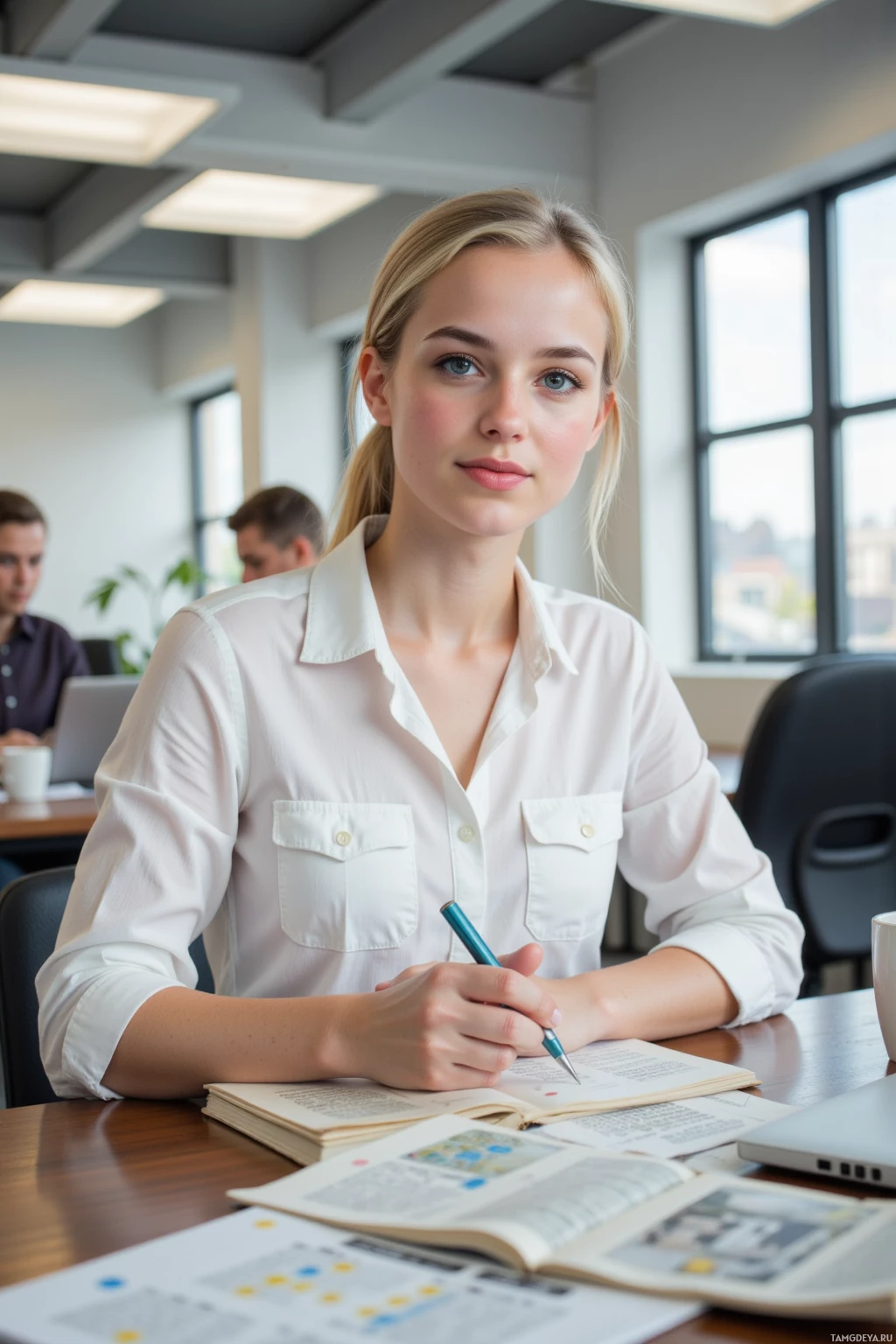 A person in a white shirt is sitting at a desk with books and a laptop, appearing to study or work.
