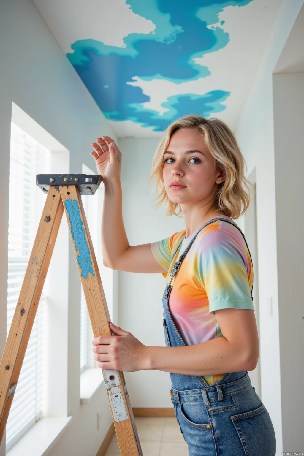 A person stands indoors holding a ladder, with a painted ceiling featuring blue and white clouds in the background.