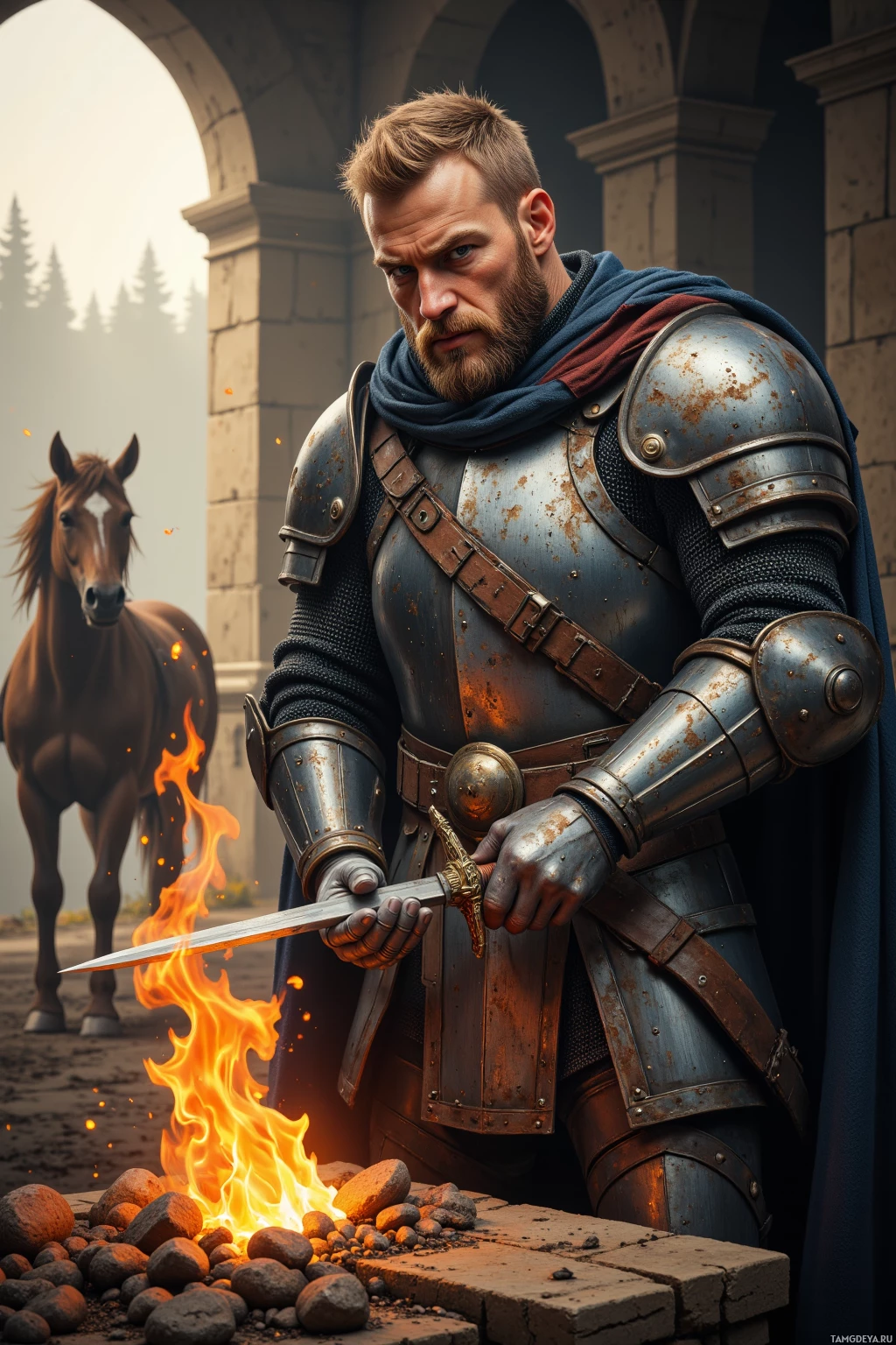 A knight in armor stands beside a fire, holding a sword near a horse and stone structure.