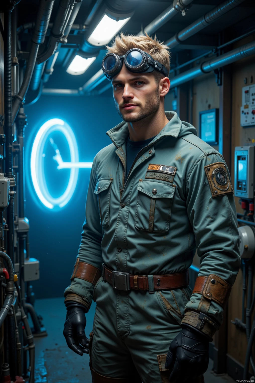 A person in a futuristic outfit stands in an industrial setting with neon lighting and pipes.