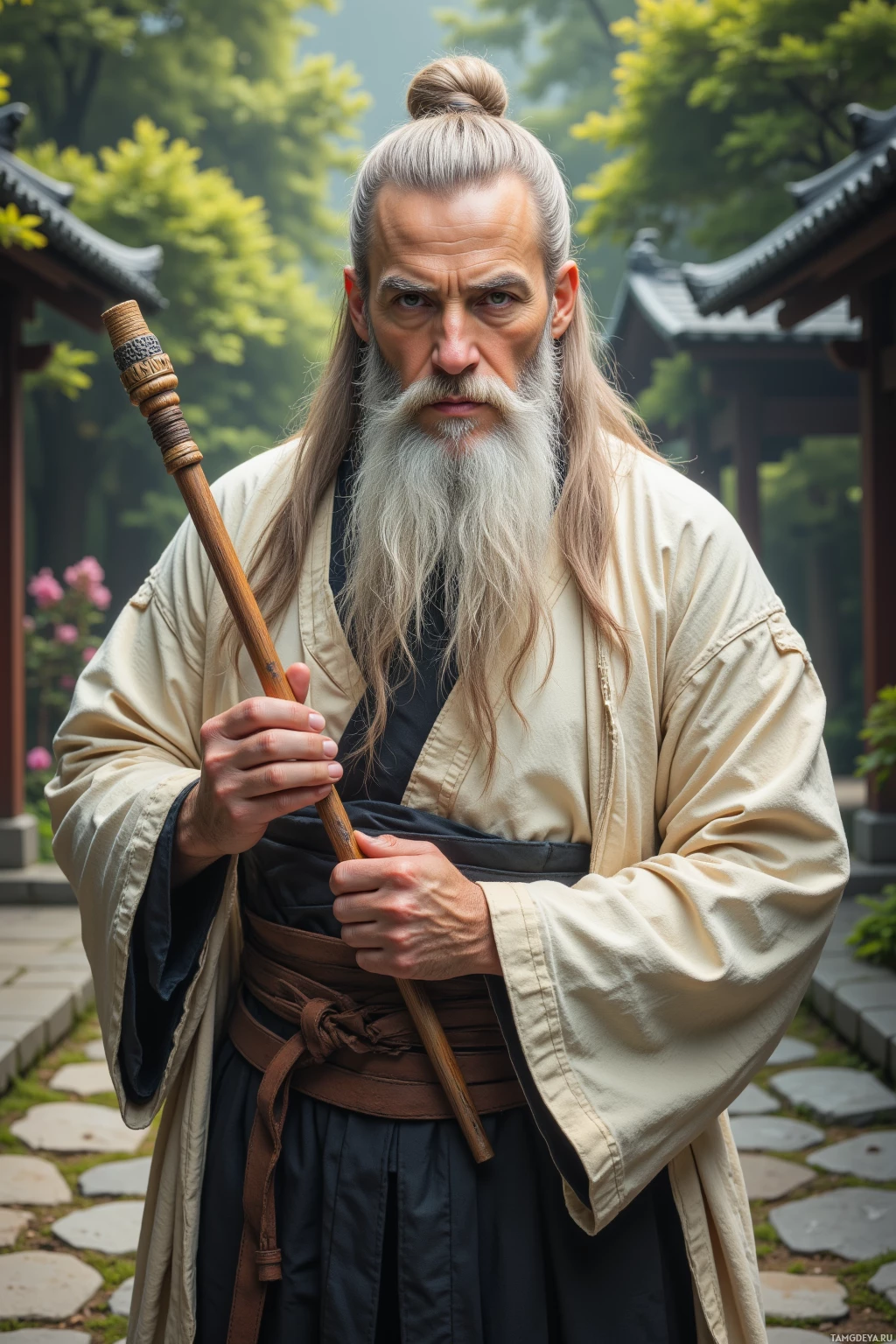 A person dressed in traditional attire holds a staff in a serene outdoor setting.