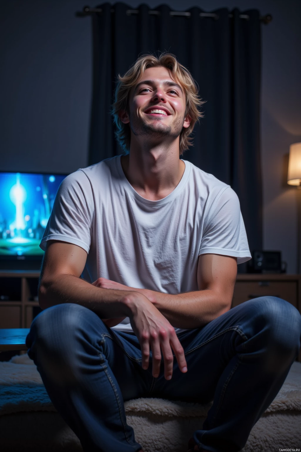 A person is sitting cross-legged on a bed, smiling, with a TV and lamp in the background.