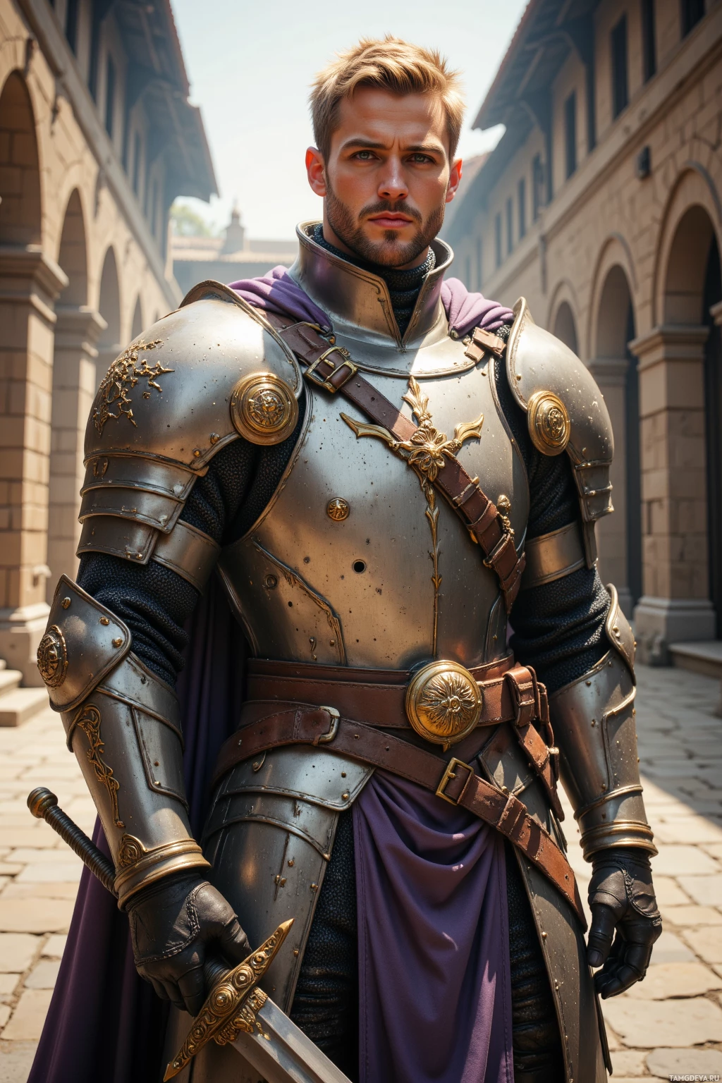 A person in ornate medieval armor stands in a courtyard.