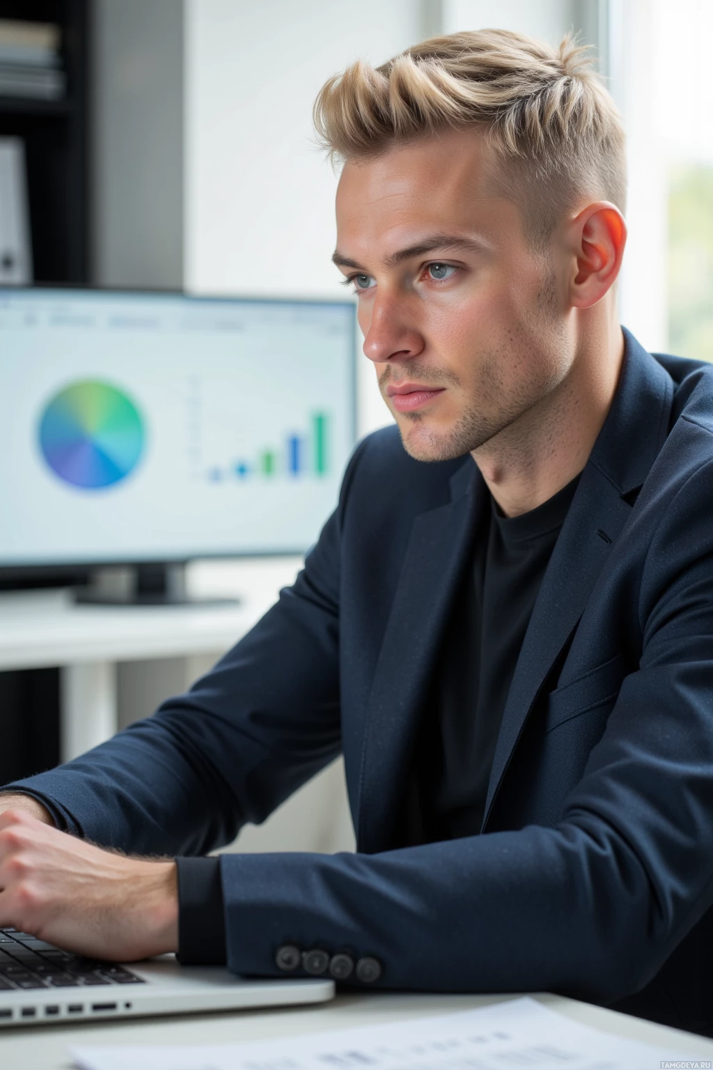 A man in a suit is working at a desk with a computer displaying graphs.