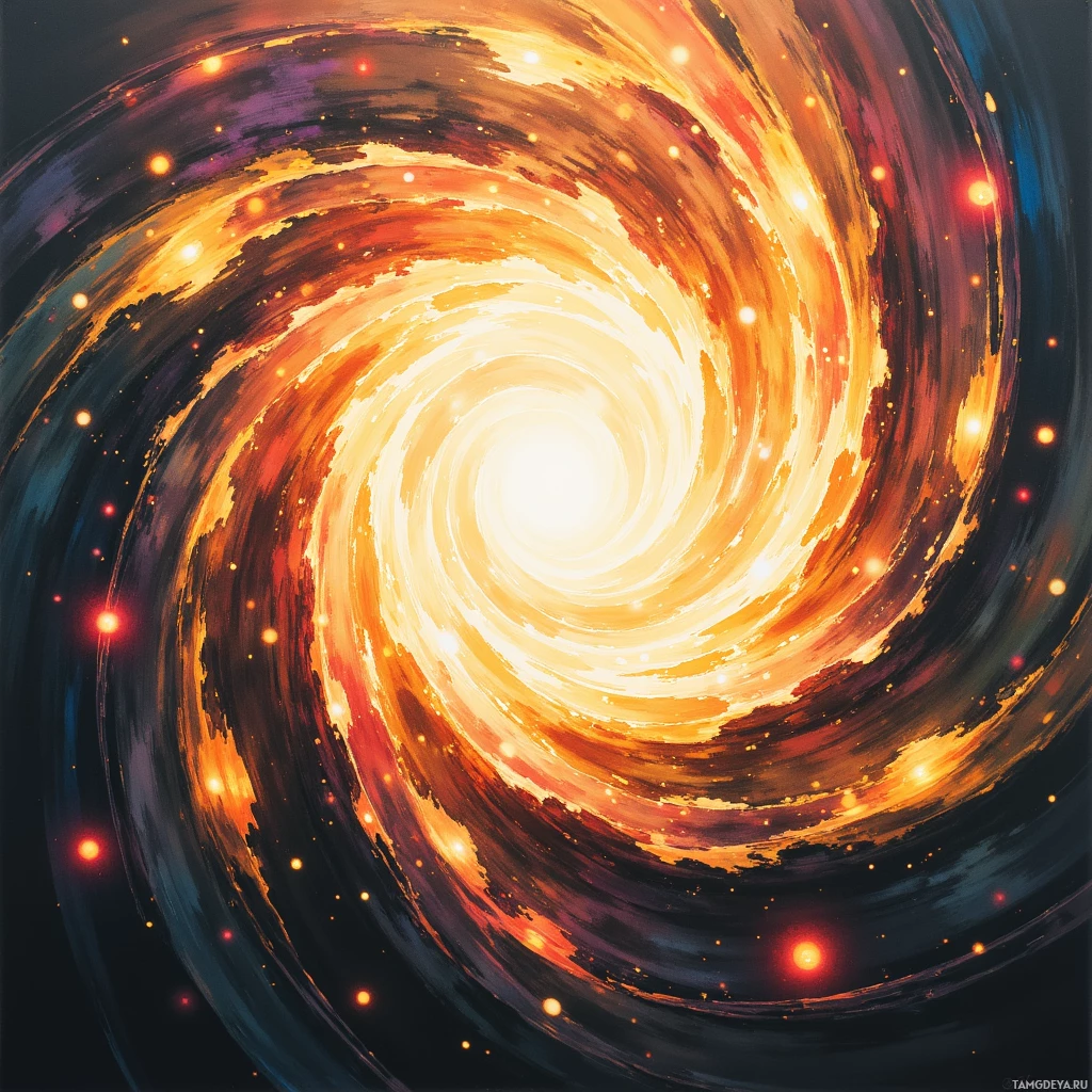 A vibrant spiral galaxy with swirling colors and glowing stars.