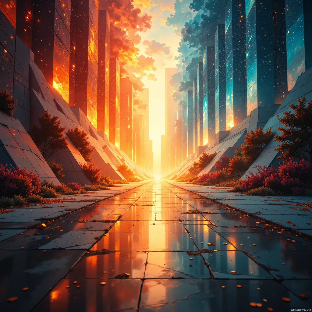 A futuristic cityscape with tall buildings and a reflective pathway under a vibrant sky.