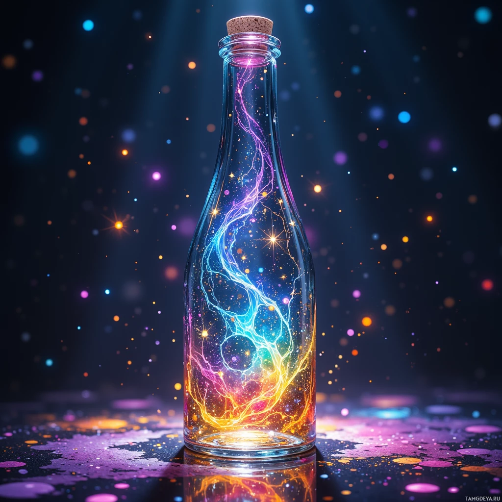 A glass bottle with a cork contains a vibrant, glowing, and colorful lightning-like pattern inside, set against a starry background.