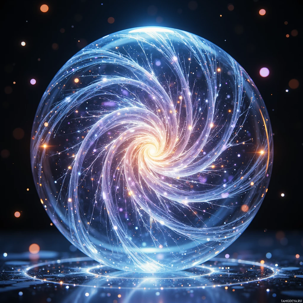 A glowing, swirling sphere with intricate light patterns against a dark background.