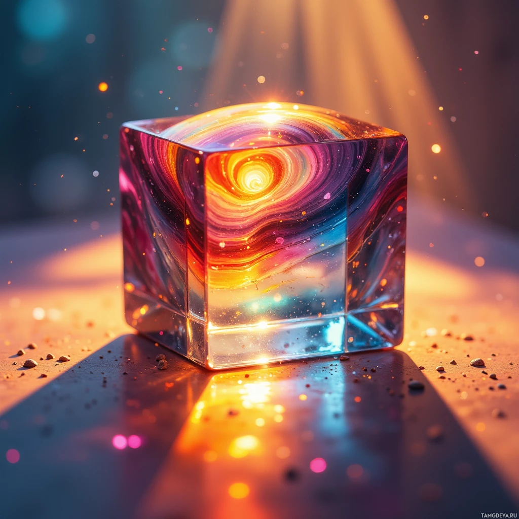 A glass cube with a vibrant, swirling galaxy-like interior sits on a reflective surface.