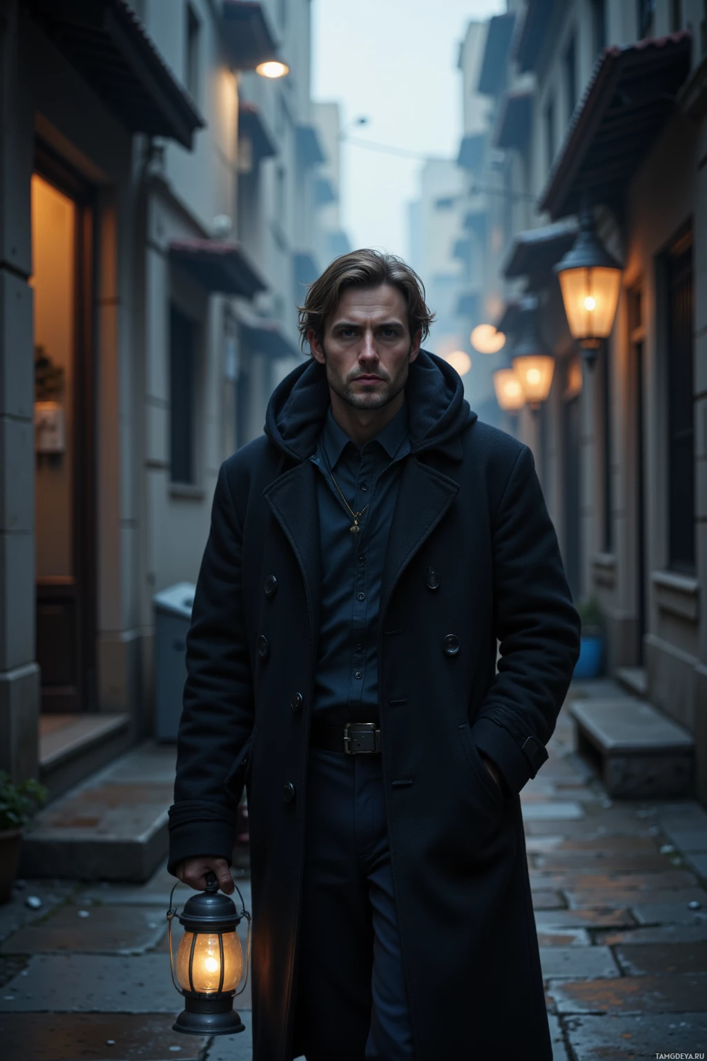 Realistic high quality photo. Man wearing a black hoodie with pale skin, dark brown hair, faint dark circles around blue eyes, carrying a lantern whose warm glow illuminates narrow city streets at dusk, walking in a measured rhythm through an unfamiliar district while the low hum of traffic echoes his solitary, introspective stride.