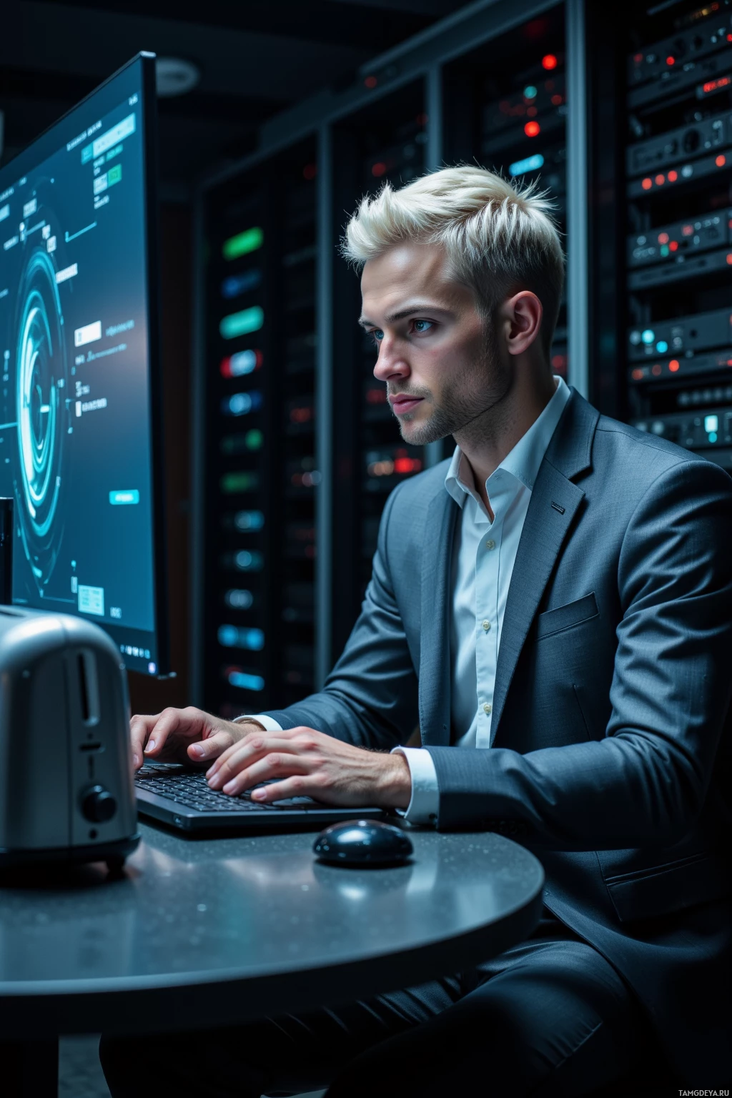 A man in a suit works at a computer in a server room.