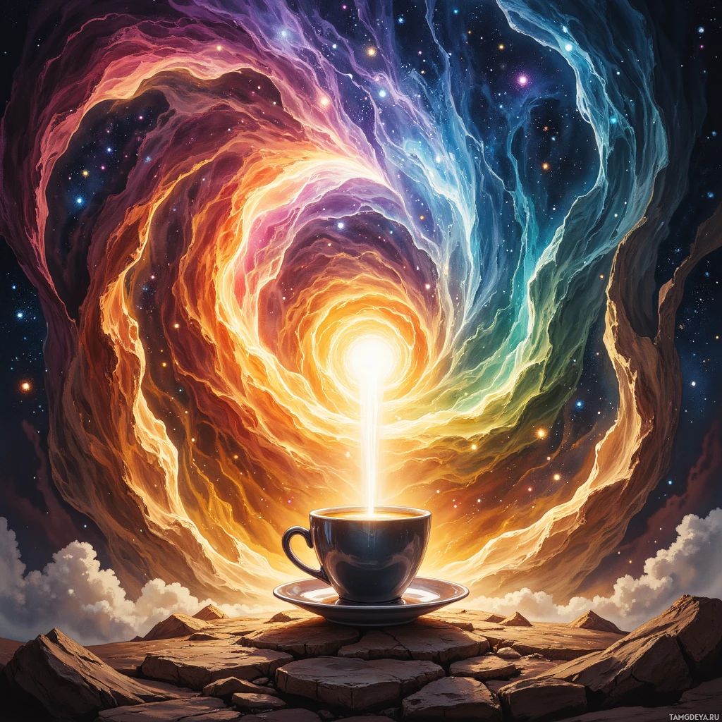 A vibrant cosmic scene with a glowing cup of coffee on a rocky surface.