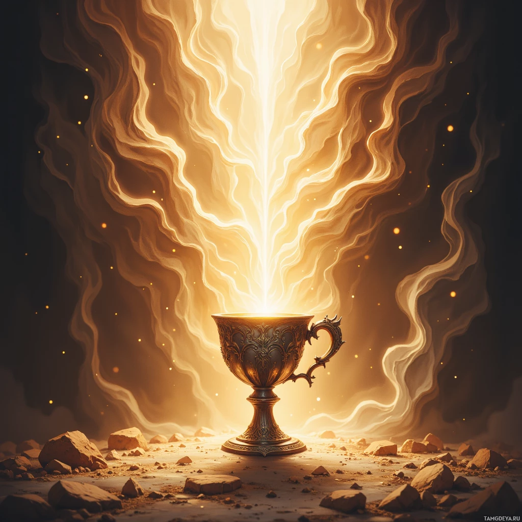 A glowing golden chalice emits radiant light and energy, surrounded by swirling patterns and scattered rocks.