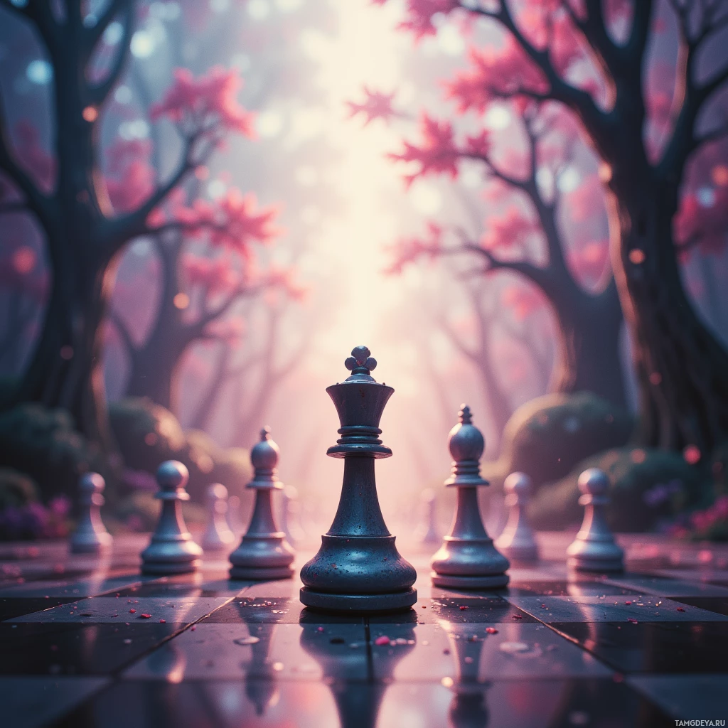 A chessboard with pieces in a serene forest setting.