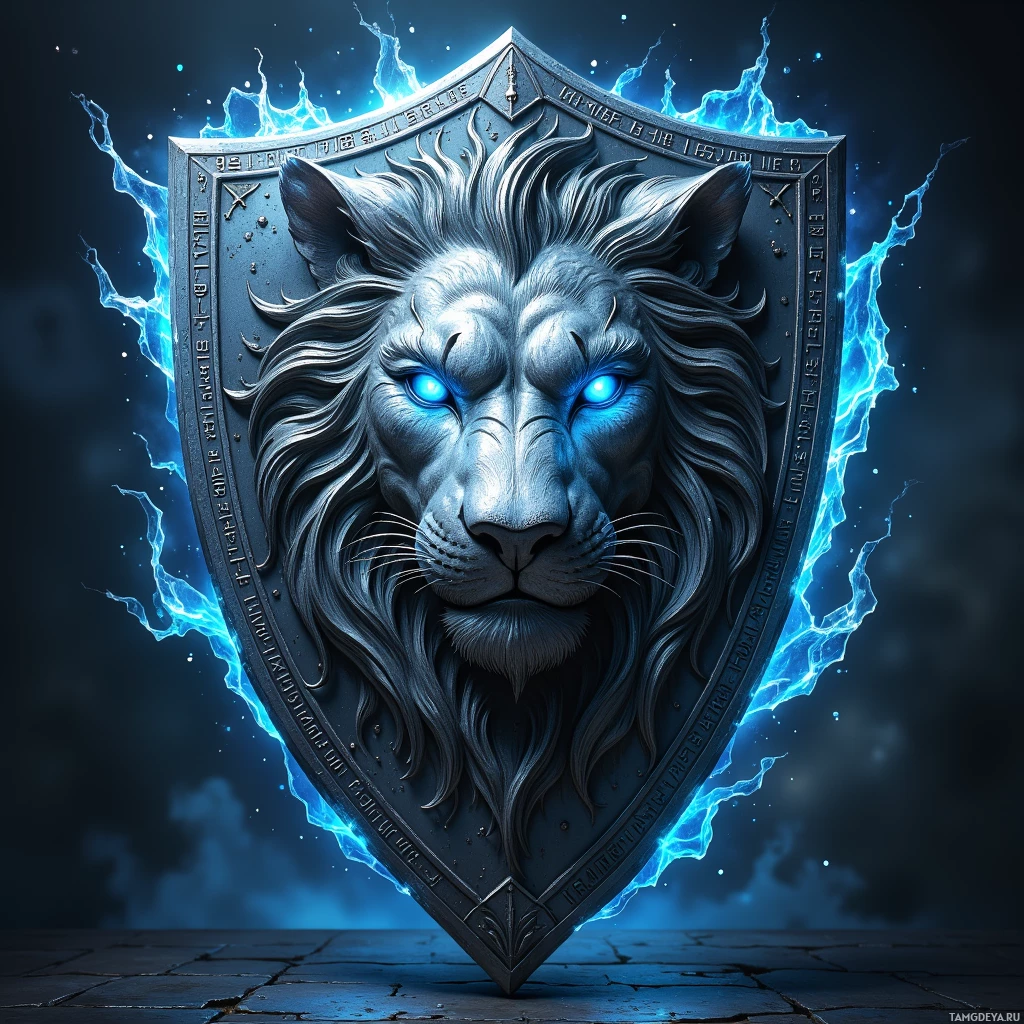 A metallic shield with an intricately detailed lion's head and glowing blue eyes surrounded by electric blue energy.