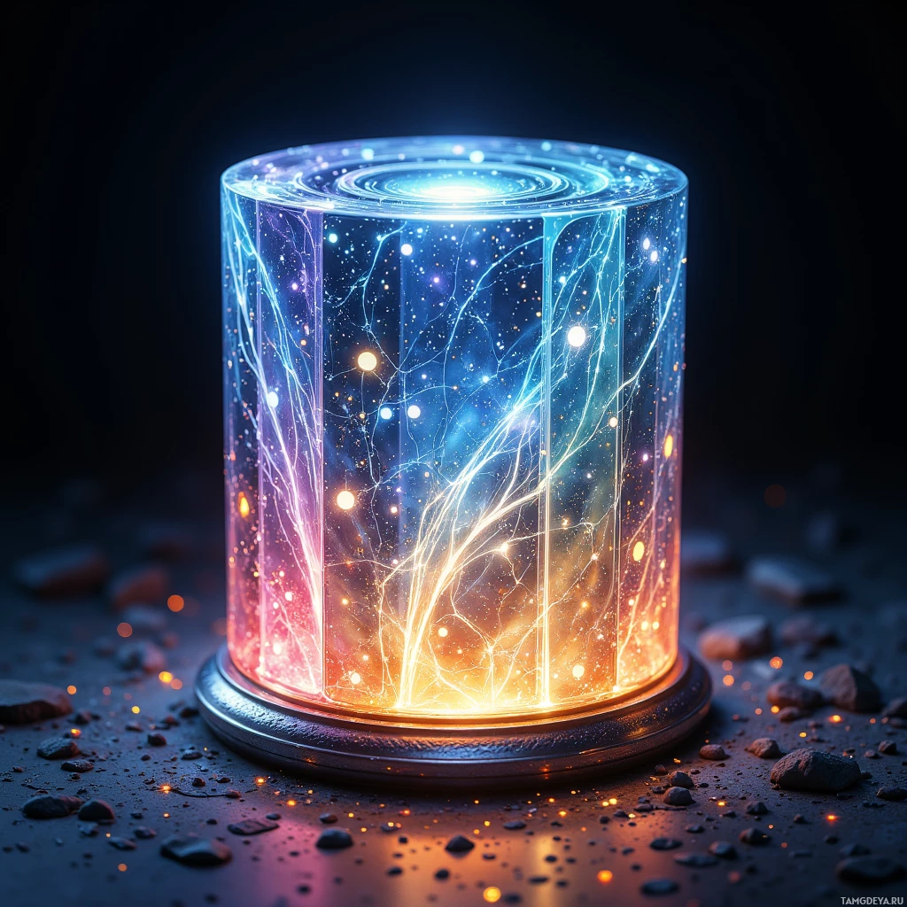 A glowing, cylindrical object with intricate, colorful light patterns inside, set against a dark, rocky background.