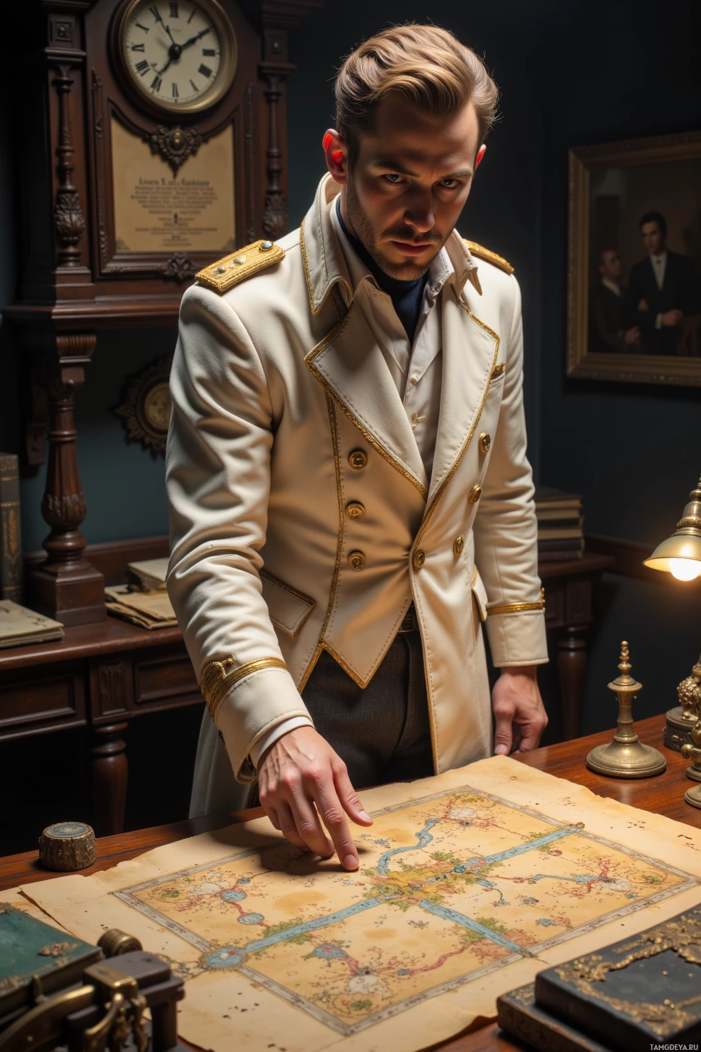 A man in a formal uniform examines a detailed map on a desk.